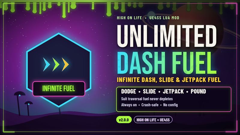 Cover art for Unlimited Dash and Suit Fuel, one of the four rebuilt High on Life mods