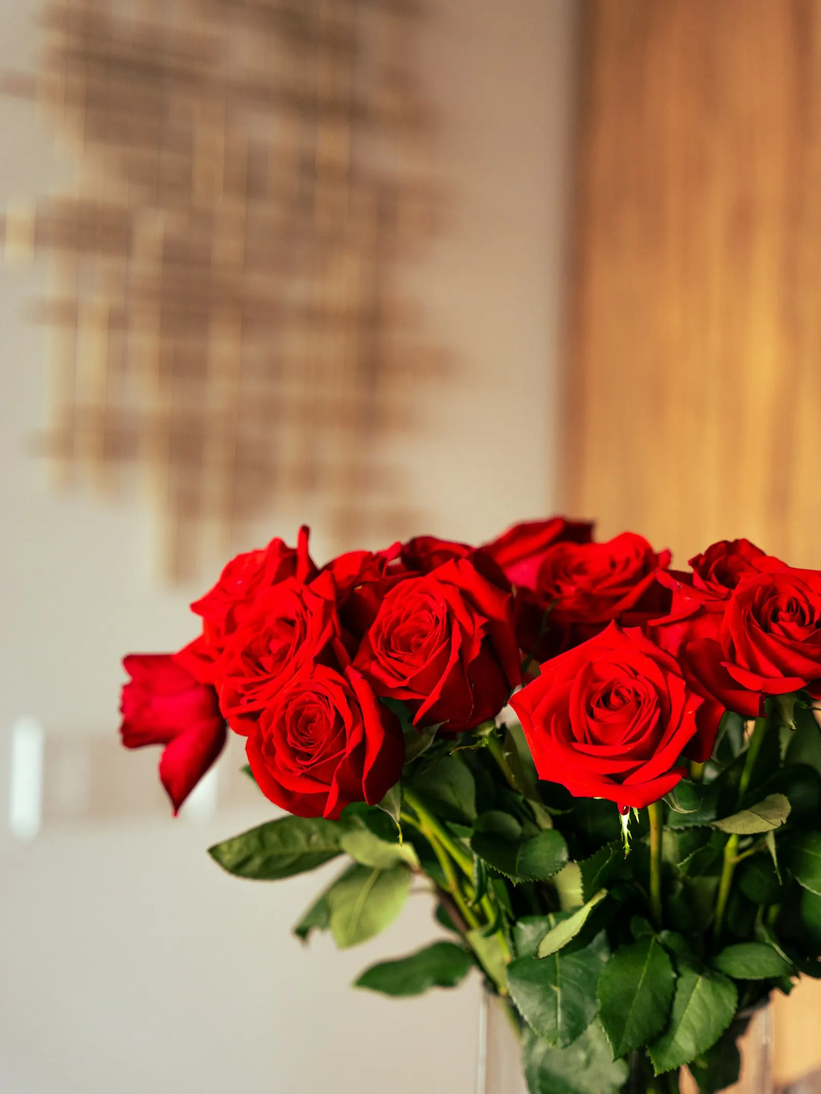 A vase of red roses in soft window light