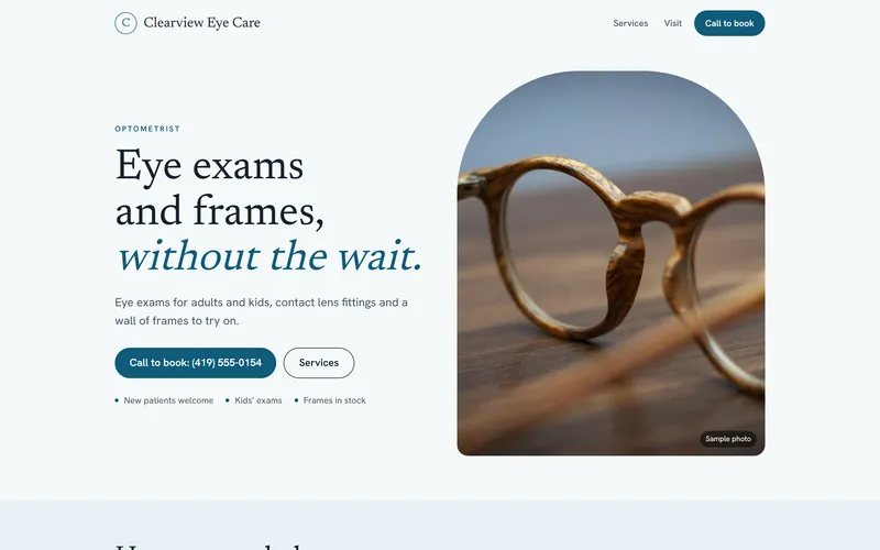 The first screen of the Clearview Eye Care sample site: Eye exams and frames, without the wait, beside a pair of glasses.