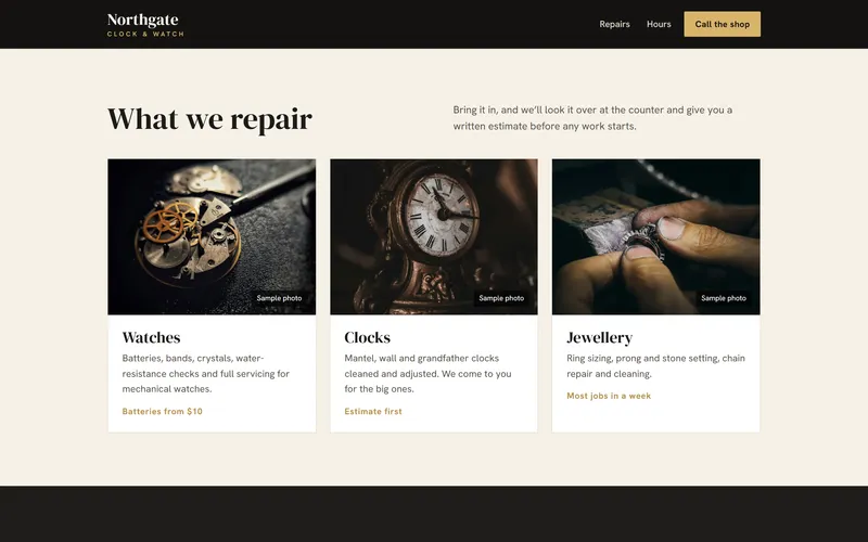 The repairs section of the Northgate Clock & Watch sample site: watches, clocks and jewellery, each with a photo and a starting price.