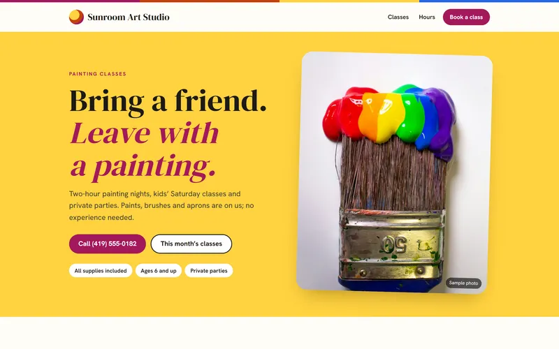 The first screen of the Sunroom Art Studio sample site: Bring a friend. Leave with a painting, beside a paint-covered brush.