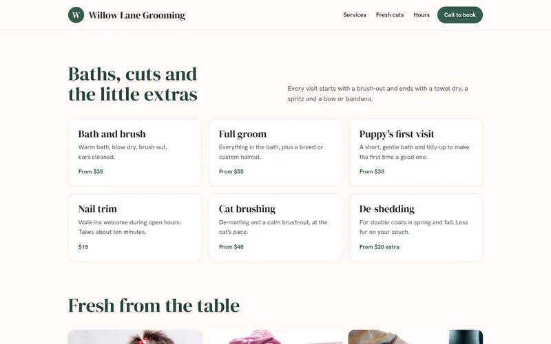 The services section of the Willow Lane Grooming sample site: bath and brush, full groom, nail trim and more, each with a price.